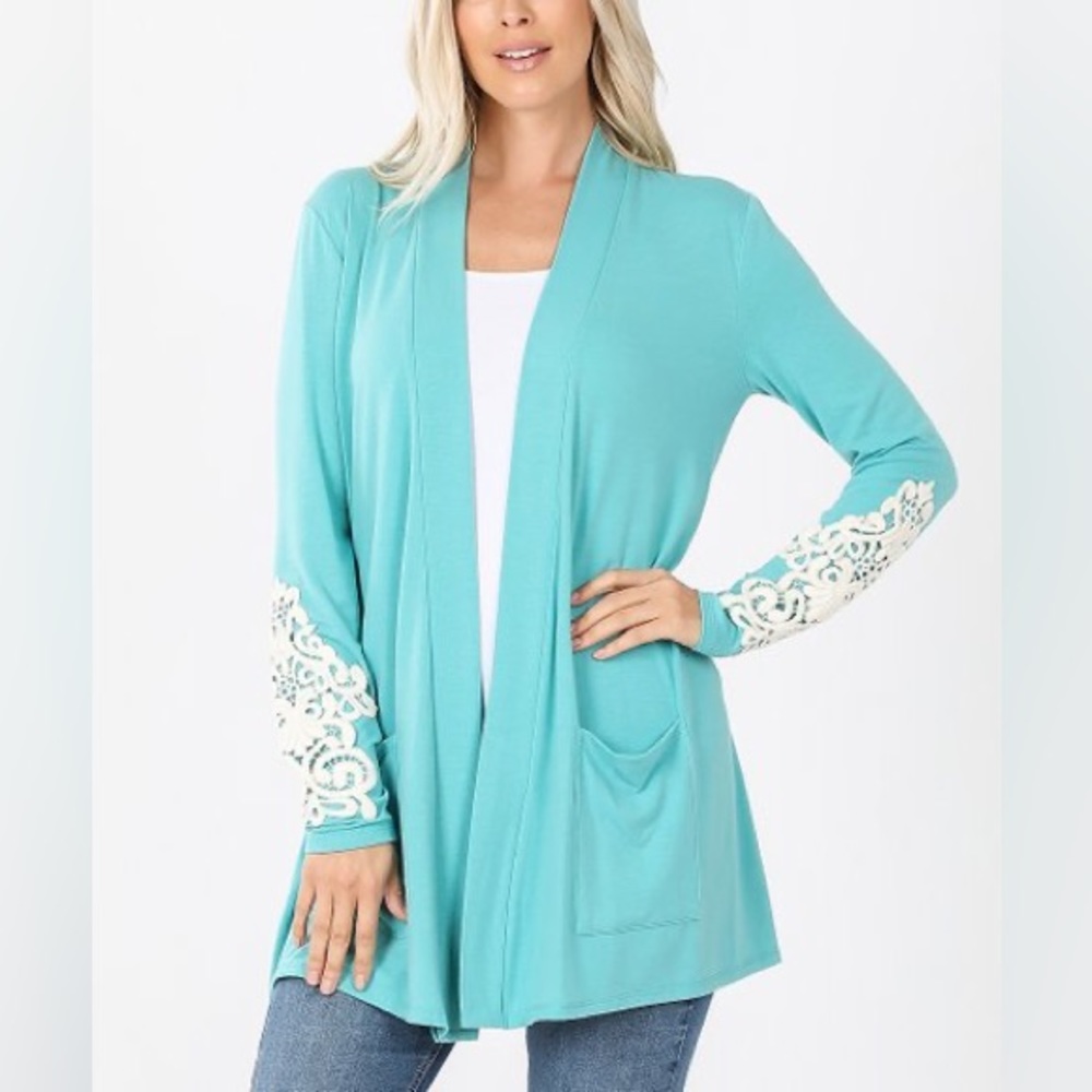 Zenana open cardigan with crochet lace patches